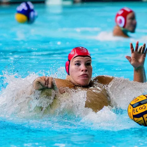 Prompt: a water polo players riding a hippopotamuses. photograph.