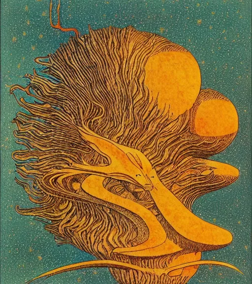 Image similar to pyrography of a Cosmic Cataclysm by Roger Dean and Moebius