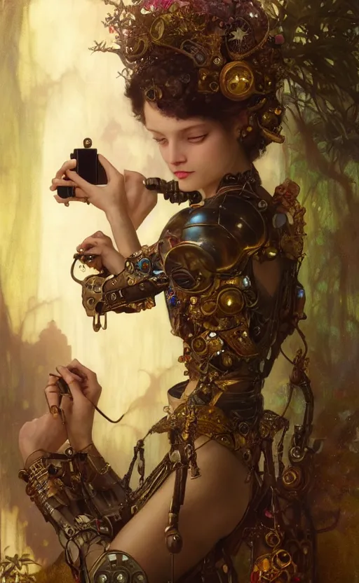 Image similar to hyper realistic photographer taking a picture, magical, gems, jewels, gold, steampunk, cyberpunk utopia, painted by tom bagshaw, mucha, gaston bussiere, craig mullins, j. c. leyendecker 8 k