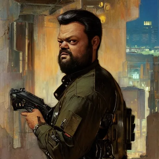 Prompt: Orson Welles as a cyberpunk mercenary wearing a military vest and combat jumpsuit. (Cyberpunk 2077, bladerunner 2049). Iranian orientalist portrait by john william waterhouse and Edwin Longsden Long and Theodore Ralli and Nasreddine Dinet, oil on canvas. Cinematic, vivid color, hyper realism, realistic proportions, dramatic lighting, high detail 4k