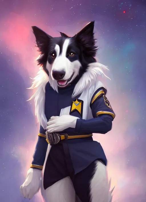 Image similar to wide angle beautiful full body portrait of a cute male anthropomorphic border collie fursona wearing a starfleet uniform on a starship and posing in front of a window, character design by charlie bowater, henry asencio, and ross tran, furry art, furaffinity, scenic background, beautiful, glamor pose, detailed, trending on artstation