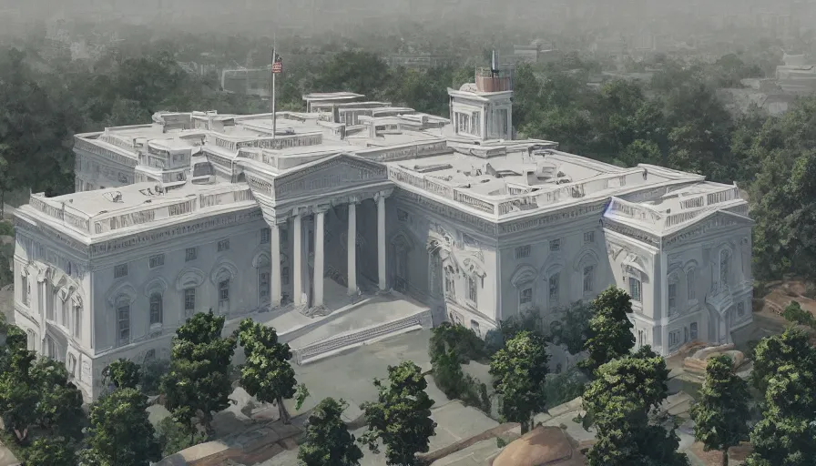 Image similar to A highly detailed matte painting of american huge the white house (((((((((castle))))))))) by Studio Ghibli, Makoto Shinkai, by Artgerm, by WLOP, by Greg Rutkowski, volumetric lighting, octane render, 4K resolution, trending on artstation, masterpiece