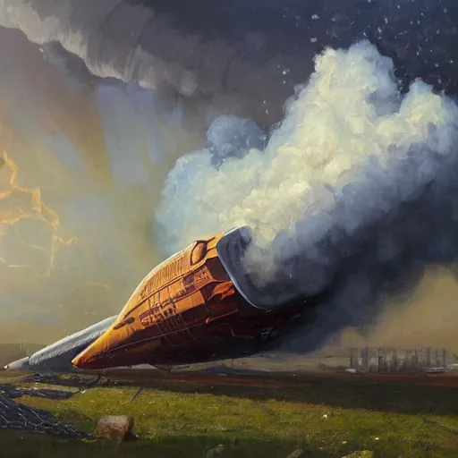 Image similar to a russian spaceship stuck in the ground, the spaceship is on fire, smoke, rainstorm, lightning, angry, kinetic, john sargent, adolphe bouguereaum, norman rockwell, style by peter deligdisch, concept art by jama jurabaev, trending on artstation, highly detailed oil painting,