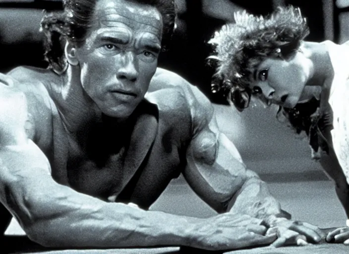 Image similar to arnold schwarzenegger in a still from the movie The Fly (1986)