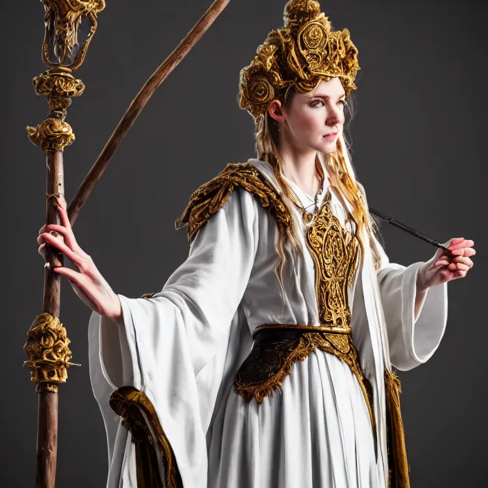 Prompt: photograph of a real-life beautiful air witch with ornate white robes and staff. Extremely detailed. 8k