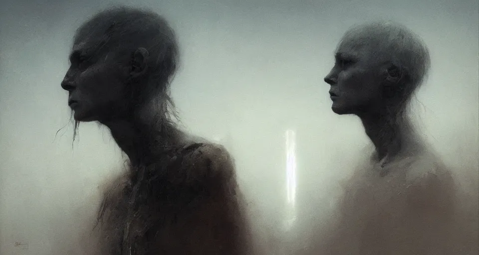 Image similar to she peers into the abyss and sees the abyss looking back at her, dramatic lighting, smooth, sharp details, intricate, sad and powerful painting by beksinski and ruan jia and greg rutkowski