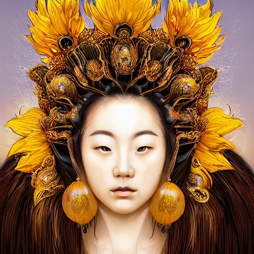 Image similar to Portrait of the Sunflower Goddess, a Chinese female deity that brings joy and light onto the world. Headshot, insanely nice professional hair style, dramatic hair color, digital painting, of a old 17th century, amber jewels, baroque, ornate clothing, scifi, realistic, hyperdetailed, chiaroscuro, concept art, art by Franz Hals and Jon Foster and Ayami Kojima and Amano and Karol Bak,