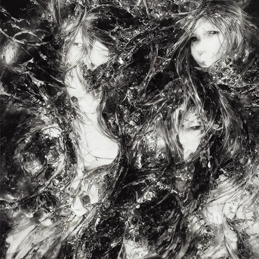 Image similar to Yoshitaka Amano realistic illustration of an anime girl with wavy white hair and cracks on her face wearing Elden ring armour with the cape fluttering in the wind, abstract black and white patterns on the background, noisy film grain effect, highly detailed, Renaissance oil painting, weird portrait angle