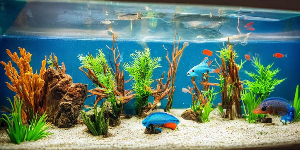 Prompt: fish tank in hospital waiting room. newt. plasticine model in water. figures clay. tilt shift. clay figure. surreal. tropical fish tank with sand. strange. weird. astrix and obelisk. bubbles form pump. hands. tank. siamese fighting fish. aquatic photography. photorealistic. waiting room