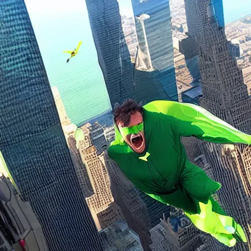 Prompt: Hulk in a wingsuit flying over NYC