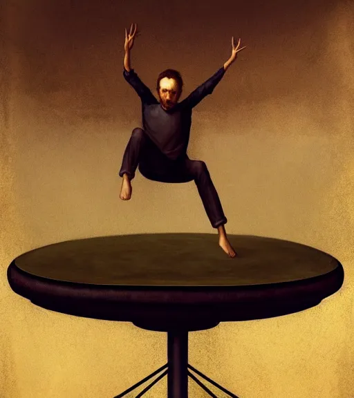 Image similar to portrait of a trampoline sitting upon a table with heightened detail, poised, intense emotion, detailed facial expression, detailed surroundings, intricate, elegant, highly detailed, centered, digital painting, artstation, concept art, smooth, sharp focus, illustration, by ( leonardo da vinci ), wlop