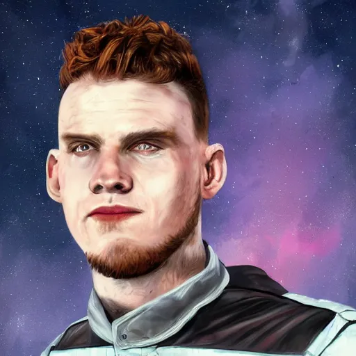 Image similar to Bust Portrait of David Bates from Starset in a sci fi uniform with a BMI on his temple; hyper realistic, high detail, artstation, deviantart