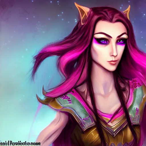 Image similar to portrait of a female high elf with magenta eyes and dark hair, digital art dnd beyond trending on art station 8 k