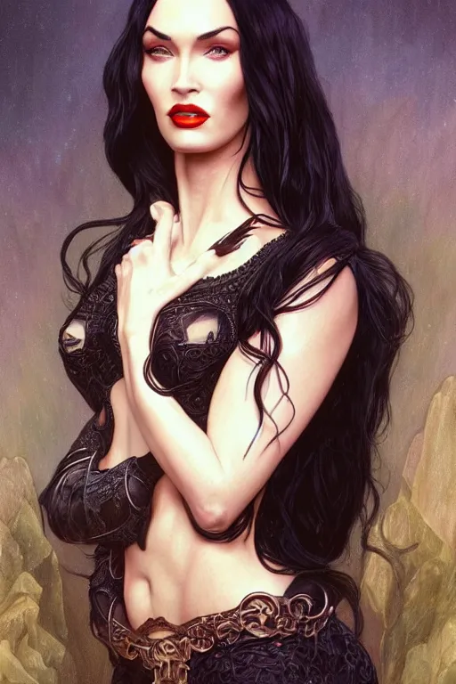 Image similar to ultra realistic illustration, megan fox as morticia addams from baldurs gate and diablo, intricate, elegant, highly detailed, digital painting, artstation, concept art, smooth, sharp focus, illustration, art by artgerm and greg rutkowski and alphonse mucha