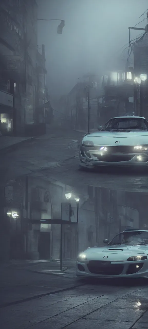 Image similar to a jdm mazda rx - 7 drifting in dunwall, dishonored game, cinematic, dark atmosphere, long exposure, white balance, 8 k, led, lumen global illumination, fog, ray tracing reflections