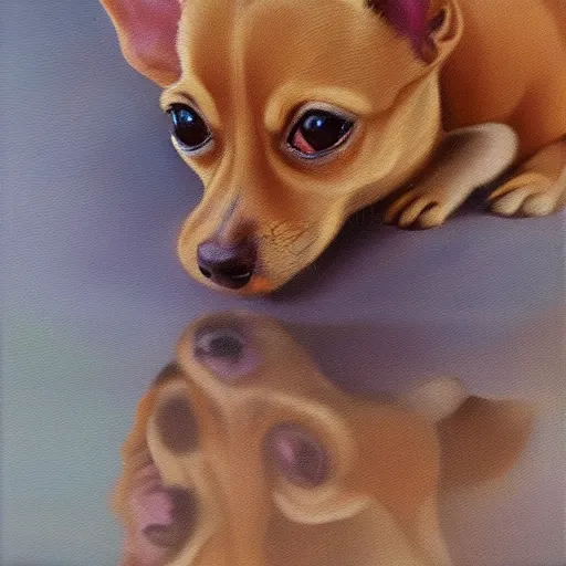 Prompt: a honey colored chihuahua puppy looking at his reflection in the mirror from the front, oil painting