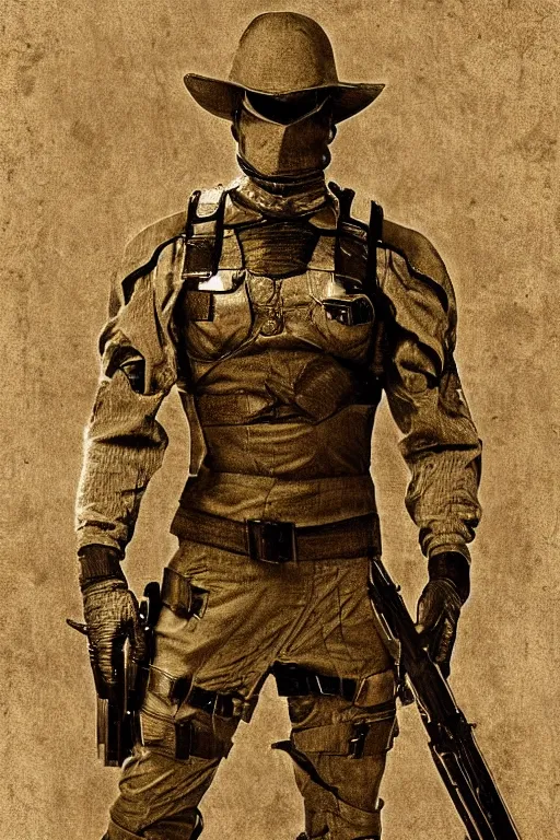 Image similar to snake eyes from g. i. joe, portrait, full body, symmetrical features, silver iodide, 1 8 8 0 photograph, sepia tone, aged paper, sergio leone, master prime lenses, cinematic