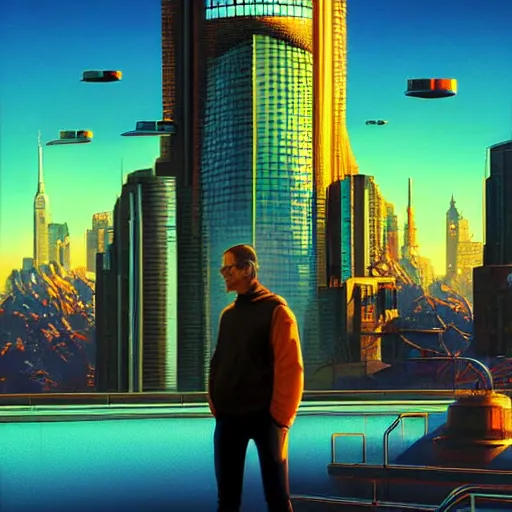 Image similar to futuristic portrait steve jobs standing cybercity, golden hour, poster by michael whelan and gilbert williams and evgeny lushpin and artgerm and alena aenami, 3 0 mm, well proportioned, highly detailed, rule of thirds, long exposure