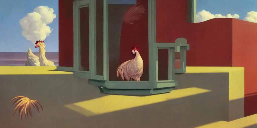 Prompt: peculiar rooster pictured in afternoon light, clouds, bird, open ceiling, strange foreign objects, surrealist oil painting by edward hopper, chirico and rene magritte