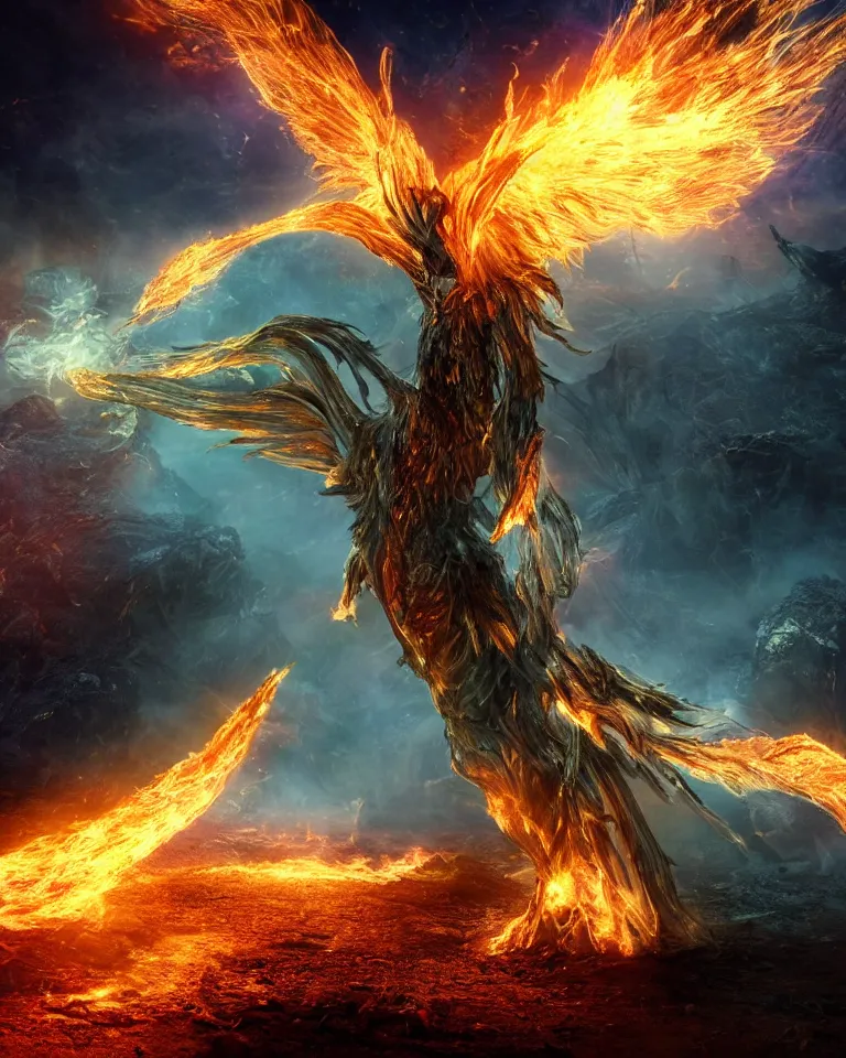 Prompt: a photoreaslistic render of a burning steel ethereal phoenix rising out of the ground, ethereal lighting, pixie dust magic, brilliant glow, cinematic, magic particles, epic scale ultrawide angle, deep vivid colors, explosive energy, like elder scrolls and elden ring and lord of the rings, bursting with debris and pebbles and dust clouds and ash