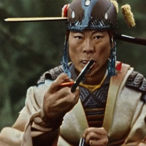 Image similar to scene from Kagemusha, 1980, movie still, cinematic, a samurai eating a delicious hot dog, epic,
