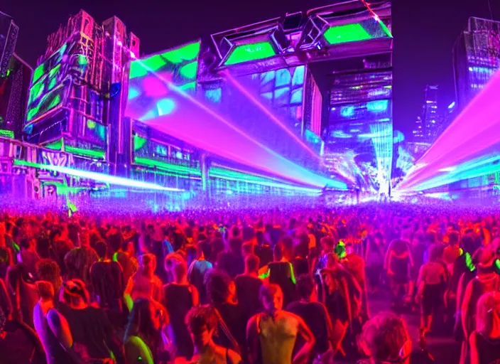 Prompt: a music festival in neon street in new york's park avenue, with neon laser show, highly detailed crowd of people, viewed from a massive beautiful dj stage in the style of tomorrowland, highly symmetrical, massive scale, highly detailed, hd, unreal engine