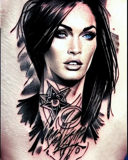 Image similar to double exposure tattoo sketch of megan fox with a mountain background, in the style of matteo pasqualin, amazing detail, sharp