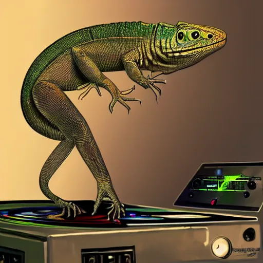 Prompt: a lizard dj, digital art, artstation, playing records