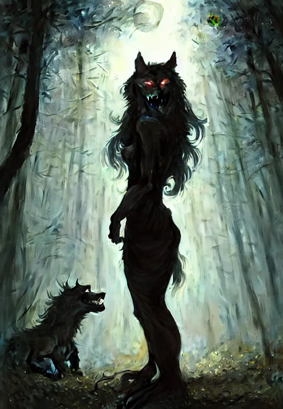 Image similar to encounter with a monstrous werewolf at a spooky old cemetery, fantasy magic, dark light night, horror, sharp focus, illustration, highly detailed, digital painting, concept art, matte, art by WLOP and Artgerm and Greg Rutkowski and Alphonse Mucha, masterpiece