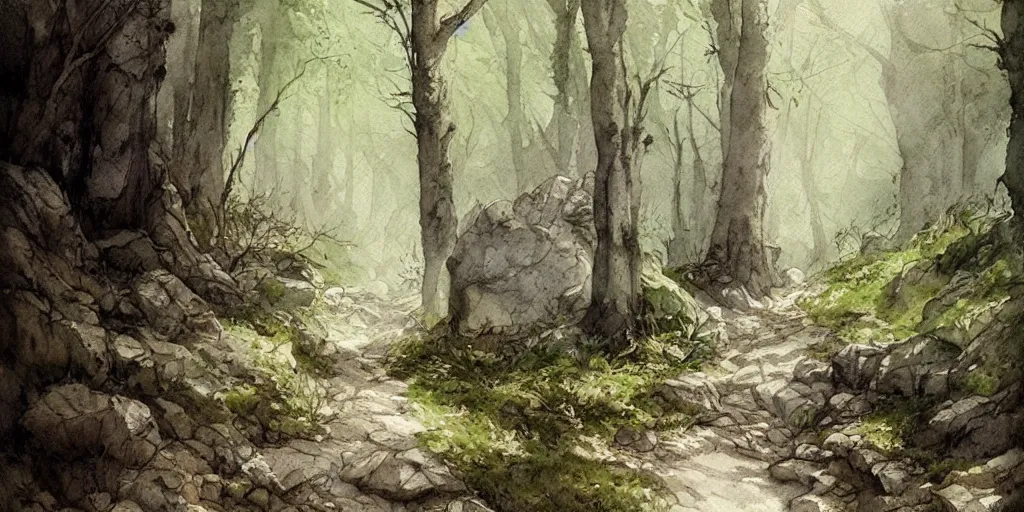 Prompt: path in the forest, leading to a dark cave entrance, exquisite masterpiece watercolor painting by jean - baptiste monge, trending on artstation