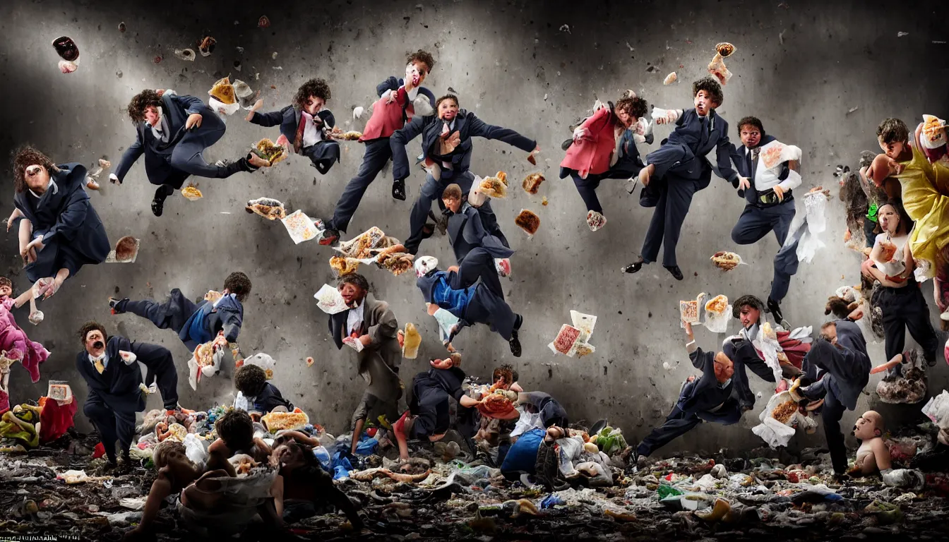Image similar to disheveled children in rags and obese men in suits fighting in a squalid subway over piles half eaten fast food money floating in the air, hyper realistic photo, full colour, upscale, 8 k, masterpiece,