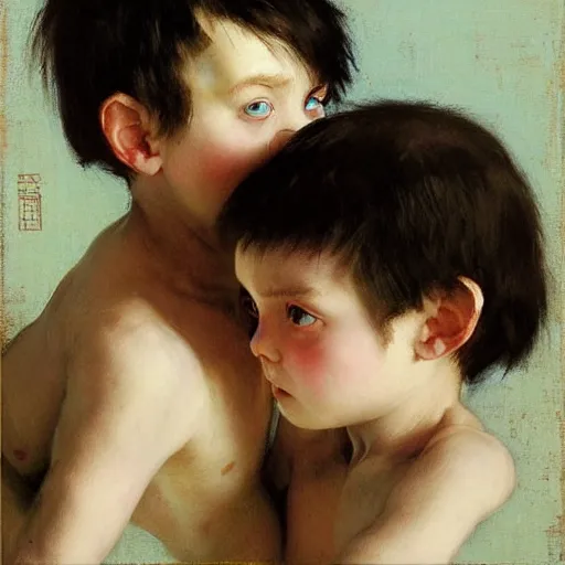 Prompt: twin brothers with black hair and blue eyes play fighting. Ruan Jia. Norman Rockwell . Karlkka