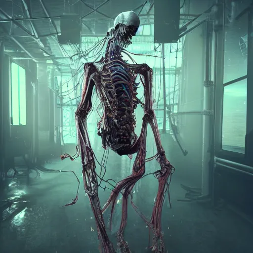 Image similar to a biomechanical ghost covered in fluid silk, veins nerves, tendons wires machines, highly detailed, backlit, dark atmosphere, octane render, unreal engine, photorealist, procedural light, grimy lab