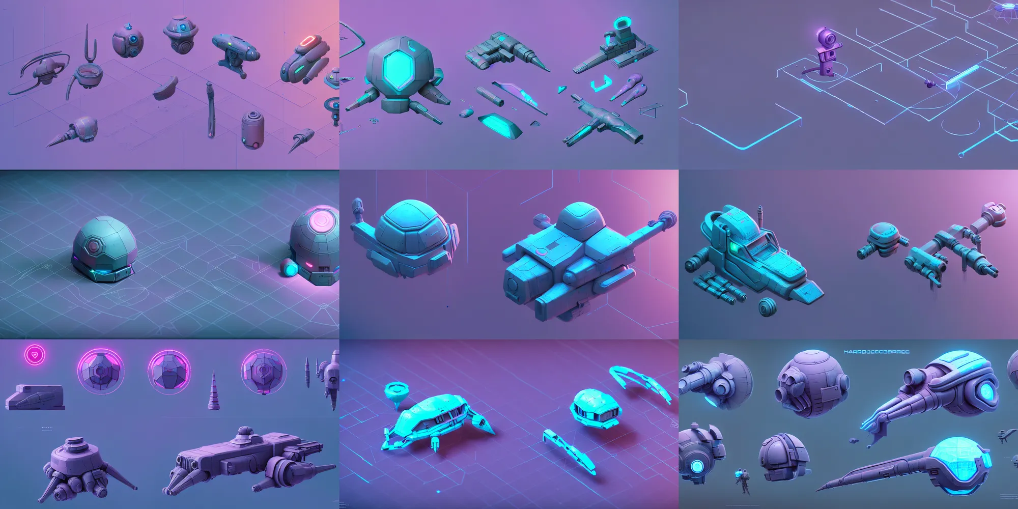 Prompt: hard surface shape form exploration, close up, complex geometry, detailed, artstation, 8 k, sci - fi, pastel colors, props, panel, concept, simon stalenhag, blueprint, items and gadget, big medium small