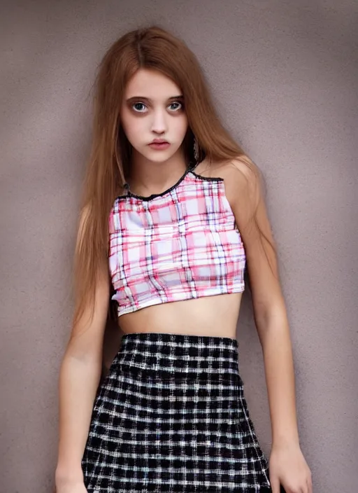 Image similar to gorgeous teen girl in plaid mini skirt and crop top tank top, beautiful face, intricate, extremely detailed, modeling photography, 8 0 mm camera, dramatic lighting, dark room, body and face