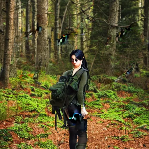 Image similar to young lady with green and black hair wearing black military style clothing backpack long sword glow misty forest rendered