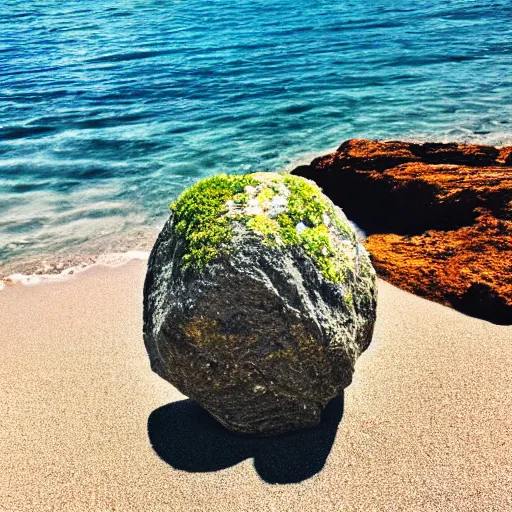 Prompt: a beautiful rock on the beach, lush vegetation