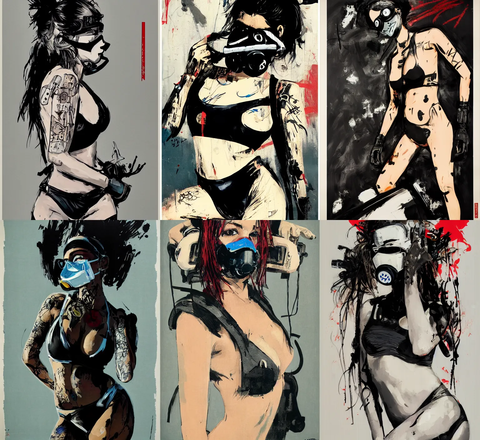 Prompt: portrait of model girl, black 3 m half mask respirator on mouth, hands behind head, in bikini, tattoos, by ashley wood, yoji shinkawa, jamie hewlett, 6 0's french movie poster, french impressionism, black background colors, palette knife and brush strokes, asymmetrical