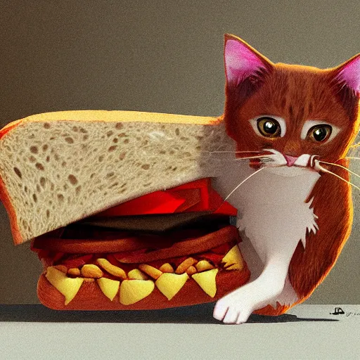 Prompt: shocked cat running away from the giant carnivorous sandwich, artstation hq, dark phantasy, stylized, symmetry, modeled lighting, detailed, expressive, created by hayao miyazaki