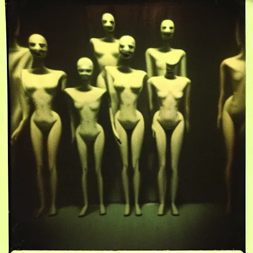 Image similar to a dark room filled with distorted mannequins with screaming faces, creepy, eerie, nightmare fuel, old polaroid, expired film,