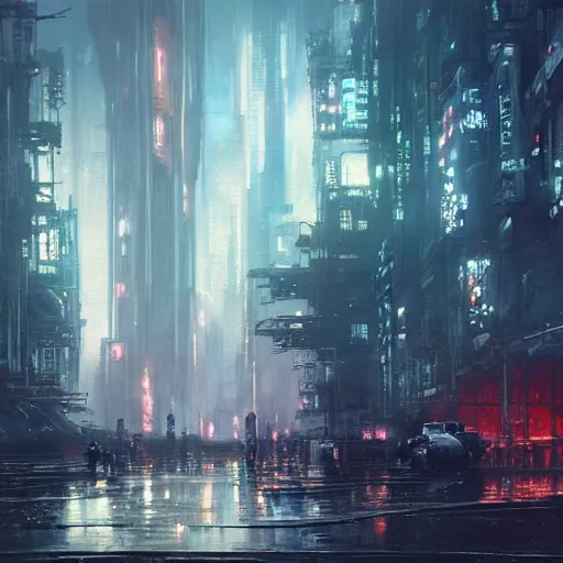 Image similar to A beautiful landscape oil painting of dystopian cyberpunk city by Greg Rutkowski