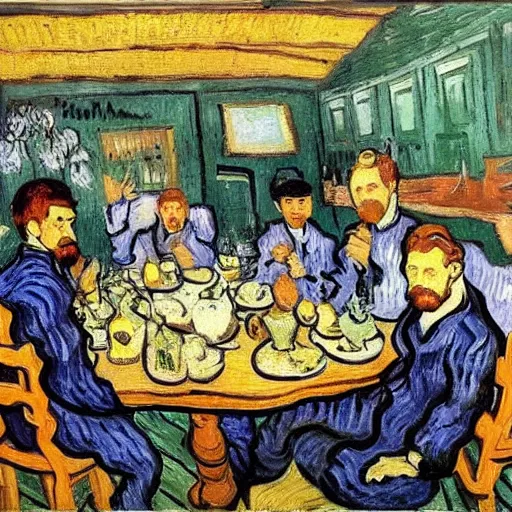 Image similar to a group of friends having lunch, van Gogh style