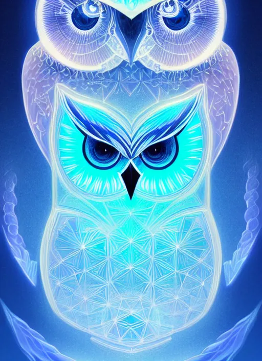 Image similar to symmetry!! product render poster vivid colors divine proportion owl, ice and snow, glowing fog intricate, elegant, highly detailed, digital painting, artstation, concept art, smooth, sharp focus, illustration,