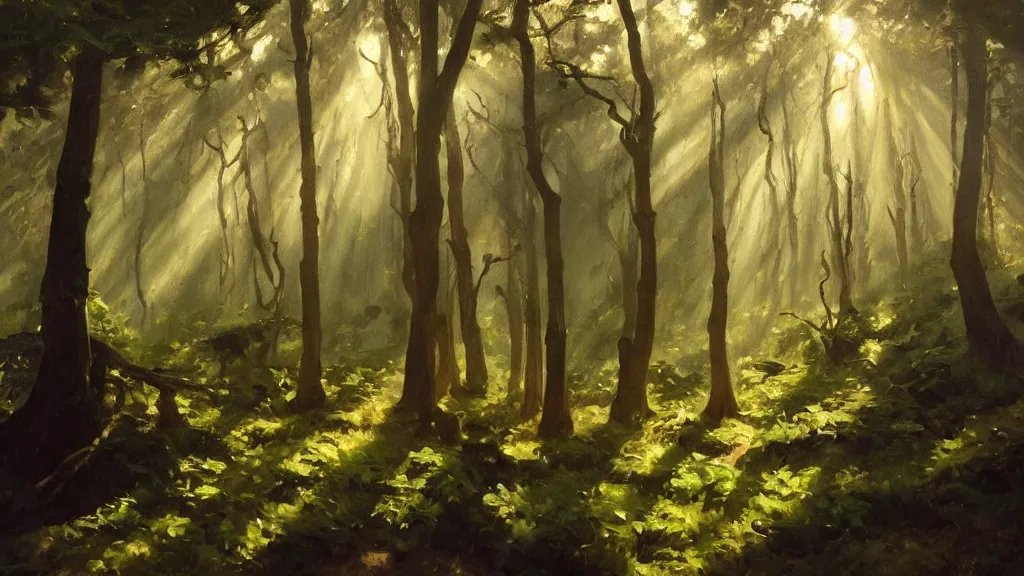 Image similar to A John Singer Sargent oil painting of a hauntingly beautiful elven forest in the morning; rays of light coming through the canopy; trending on artstation; extraordinary masterpiece!!!!!!; 8k