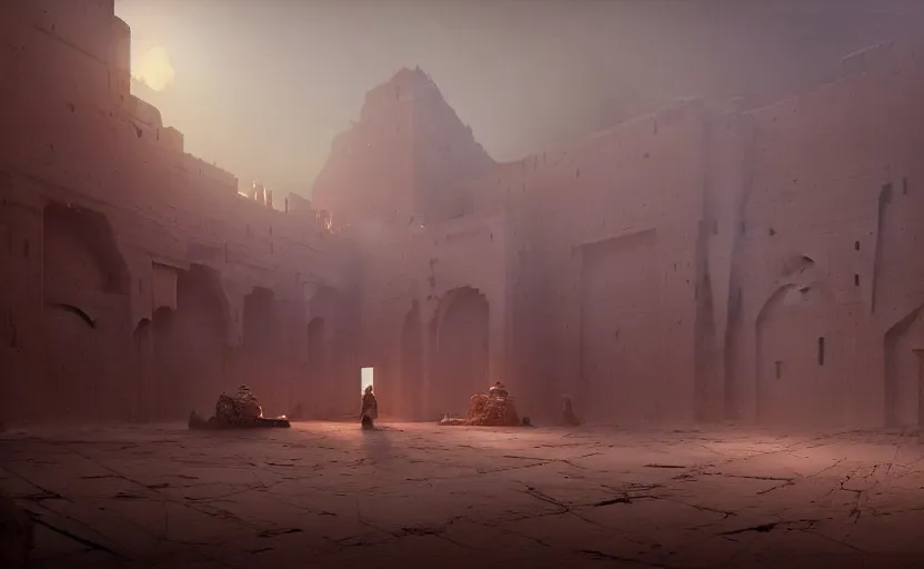 Image similar to painting of an interior ancient Persian castle in the middle of desert with dunes by Greg Rutkowski and Craig Mullins, Dark atmospheric sad and cinematic lighting, Trending on artstation