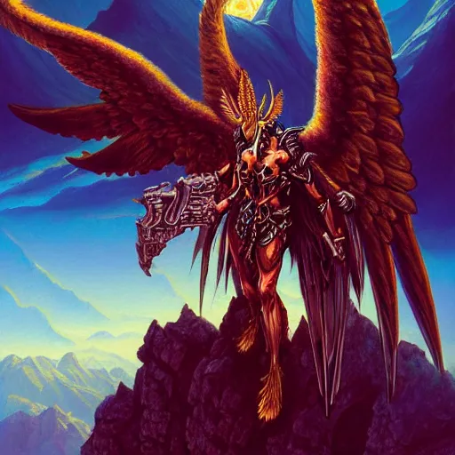 Image similar to painting of a fallen angel paladin with big burnt wings reaching the summit of a haunted mountain, sharp focus, award - winning, trending on artstation, masterpiece, highly detailed, intricate. art by terese nielsen