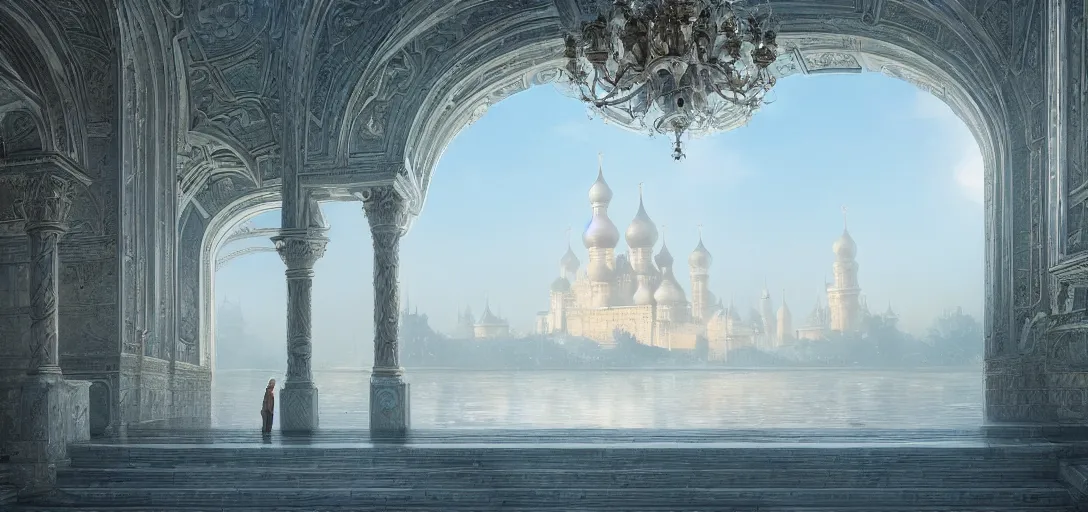 Image similar to vanishing point, palace like the kremlin in distance on a lake is covered with aqua blue roses, viewed from afar, stephen bliss, misty, unreal engine, fantasy art by greg rutkowski, loish, ferdinand knab, and lois van rossdraws,, global illumination, radiant light, minimalist, detailed and intricate environment