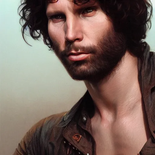 Image similar to portrait painting of jim morrison, ultra realistic, concept art, intricate details, eerie, highly detailed, photorealistic, octane render, 8 k, unreal engine. art by artgerm and greg rutkowski and alphonse mucha