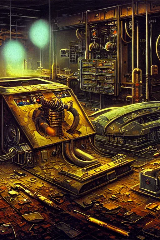 Prompt: classic oil painting, closeup of a dangerous nuclear powered machine, as a dnd cover illustration, inside of an abandoned lab, ominous, concept art, extremely detailed, smooth, sharp focus, art by brothers hildebrandt