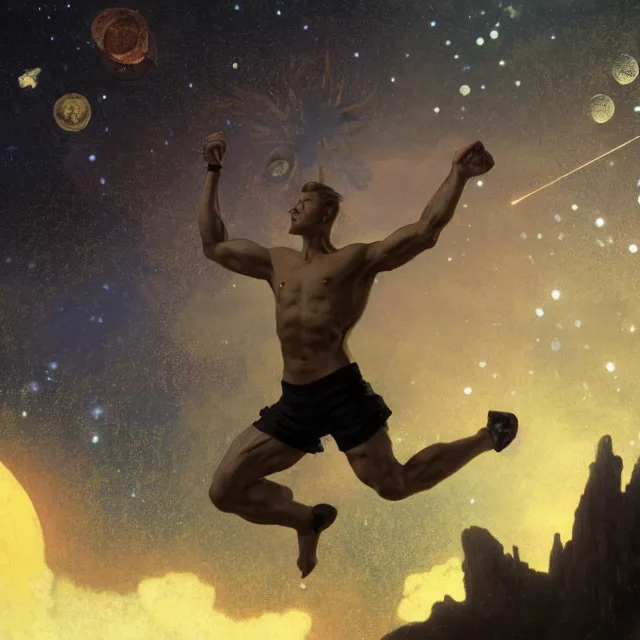 Prompt: an muscular toad! jumps to the sky to become one with the stars, wearing yellow sleeveless shirt and black sport shorts, cosmos, moon, by mucha and caspar david friedrich, atmospheric lighting, intricate detail, cgsociety, hyperrealistic, octane render, rpg portrait, ambient light, dynamic lighting